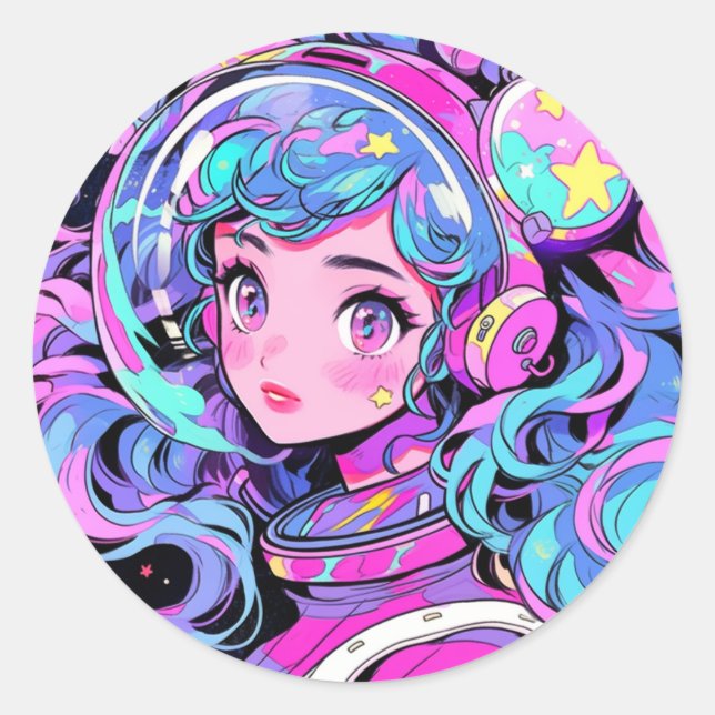 Sticker Rond Kawaii Pastel Rose et Blue Space Anime Girl (Devant)
