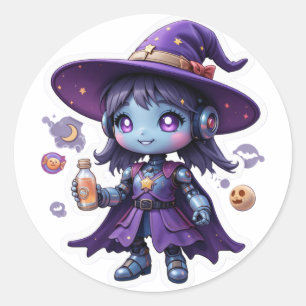 Sticker Rond Kawaii Robot Witch Girl mignonne Sci-Fi Sorceress