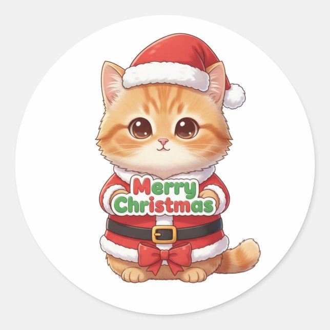 Sticker Rond Kawaii Santa Cat Merry Christmas (Devant)