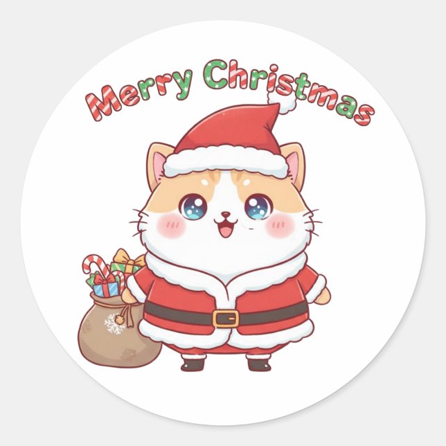 Sticker Rond Kawaii Santa Cat Merry Christmas Holiday Gift (Devant)