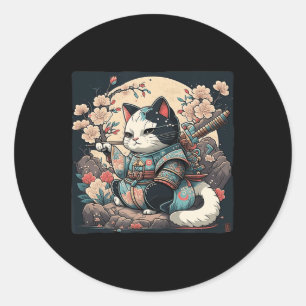 Sticker Rond Kawaii Style japonais Samurai Chat Kitten Anime