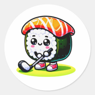 Sticker Rond Kawaii Sushi jouant au golf