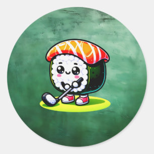Sticker Rond Kawaii Sushi jouant au golf
