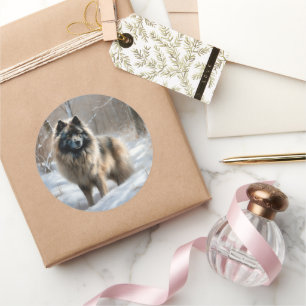 Sticker Rond Keeshond Laissez Tomber la Neige Noël