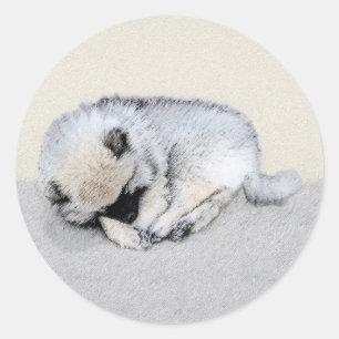Sticker Rond Keeshond Sleeping Puppy Peinture Chien Art origina