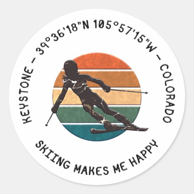 Sticker Rond Keystone, Colorado - Skieuse, Texte noir (Devant)
