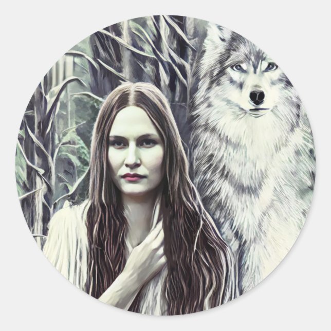 Sticker Rond Kickapoo Indian Brujah White Wolf art original (Devant)