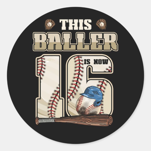 Sticker Rond Kids 16th Birthday Baseball Boy Sixteen Year Old (Devant)