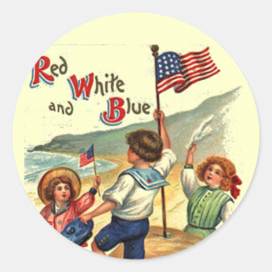 Sticker Rond Kids Beach 4 juillet Drapeau Carte postale Vintage