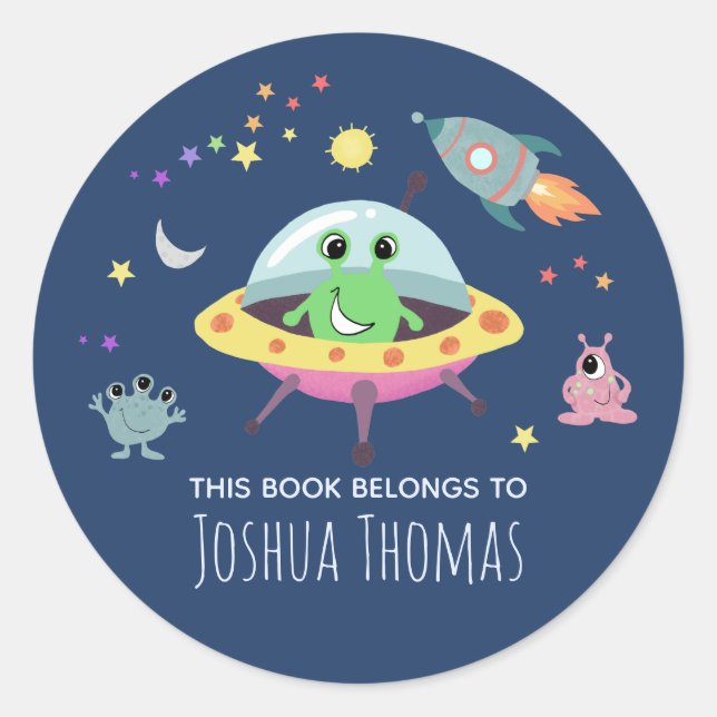 Sticker Rond Kids Blue Alien Monster Space Boys Bookplate (Devant)