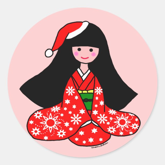 Sticker Rond Kimono Girl Cartoon de Noël Illustration (Devant)