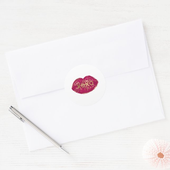 Sticker Rond Kiss Red Lips Gold Parties scintillant XOXO (Enveloppe)