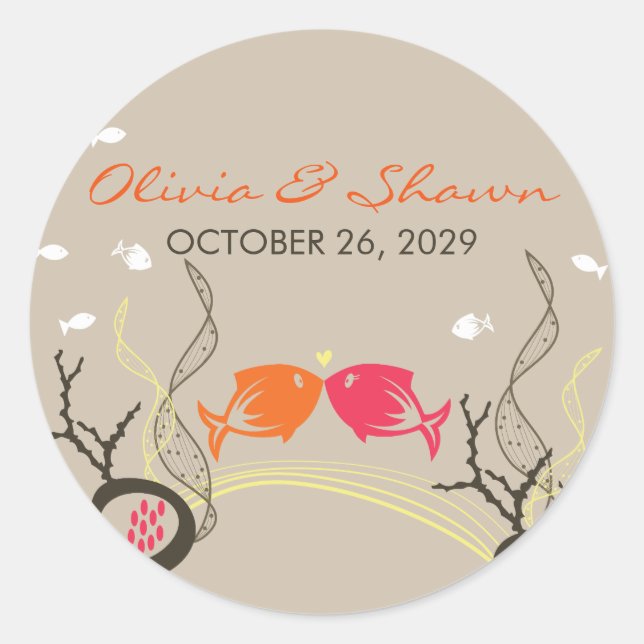 Sticker Rond Kisser Poissons Corals Plage Whimsical mignon Mari (Devant)