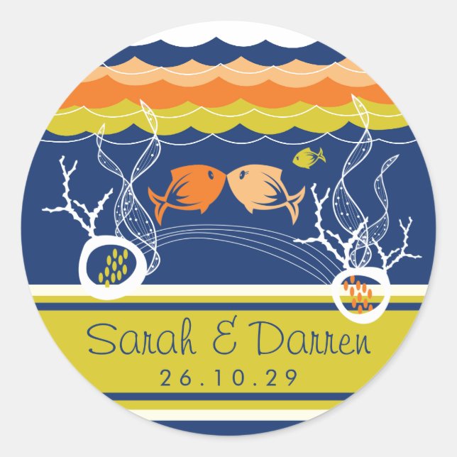 Sticker Rond Kisser Poissons Corals Plage Whimsical mignon Mari (Devant)