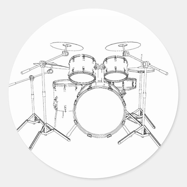 Sticker Rond Kit de tambour 5 pièces : dessin noir et blanc : (Devant)