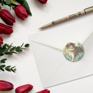 Sticker Rond Kitten Avec Fleurs Bleues