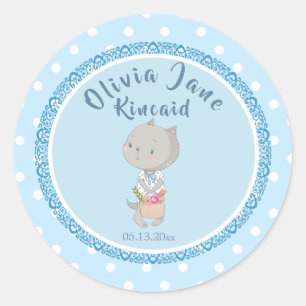 Sticker Rond Kitten Avec Un Panier De Fleurs Nouveau-Né Bébé