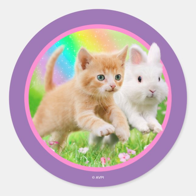 Sticker Rond Kitten & Bunny avec arc-en-ciel (Devant)