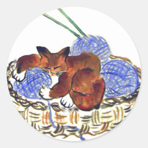 Sticker Rond Kitten Hugs a Yarn Coussin