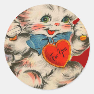 Sticker Rond Kitten Retro vintage Avec Carte Coeur Valentine