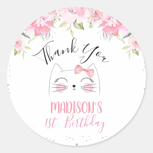 Sticker Rond Kitten rose floral visage et bow anniversaire (Devant)