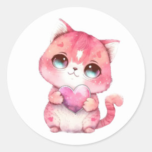 Sticker Rond Kitten Valentines Coeur rose Aquarelle Chat Love