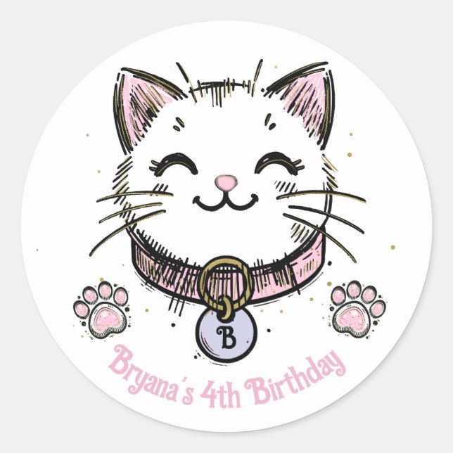 Sticker Rond Kitty Chat Kitten Rose violet or fête d'anniversai (Devant)