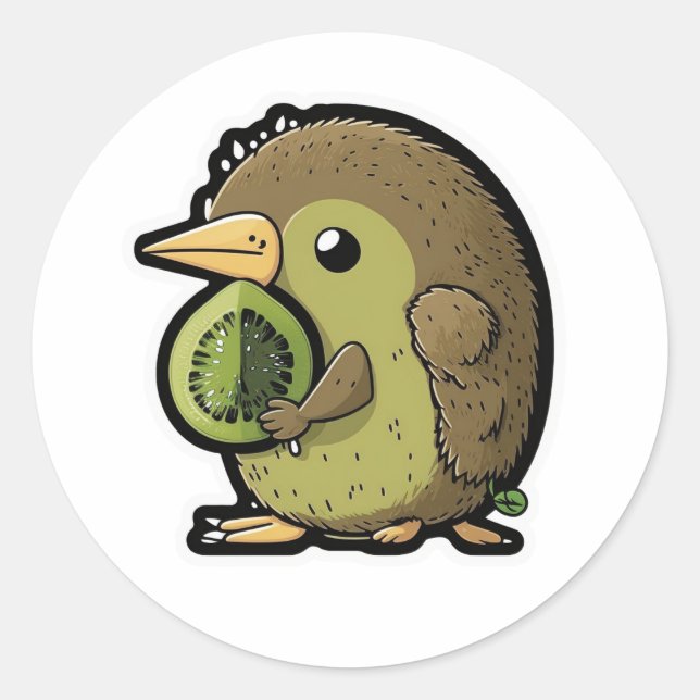 Sticker Rond kiwi oiseau mangeant un kiwi fruit (Devant)