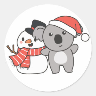 Sticker Rond Koala Avec Snowman En Hiver Pour Noël Classique