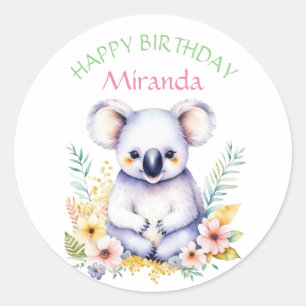 Sticker Rond Koala Bear Joyeux anniversaire de fille à thème