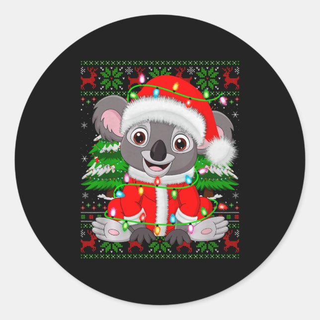 Sticker Rond Koala Christmas Lights Santa Costume Ugly Xmas Swe (Devant)