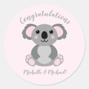 Sticker Rond Koala ours Baby shower fille rose