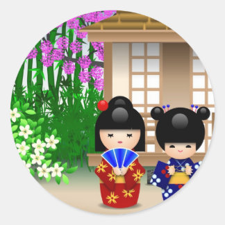 Sticker Rond Kokeshi Dolls et Teahouse