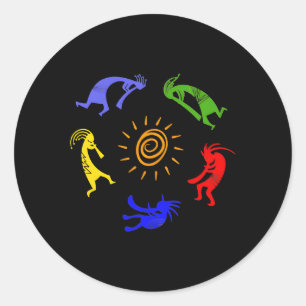 Sticker Rond Kokopelli Colorée Sun Dancing Musiciens Fortune