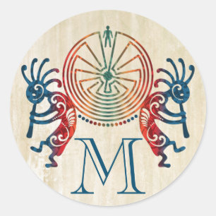Sticker Rond KOKOPELLI / MAN IN THE MAZE + votre monogramme