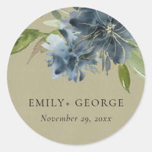 STICKER ROND KRAFT BLUE GREEN GOLD FLORAL WATERCOLOR WEDDING