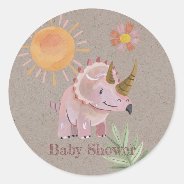 Sticker Rond Kraft Dinosaure Rose Peint Baby shower fille (Devant)