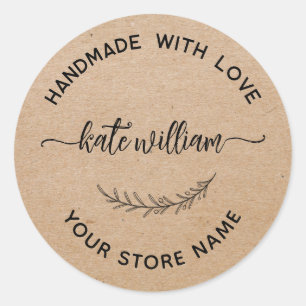 Sticker Rond Kraft fait main avec amour feuille de laurier Étiq