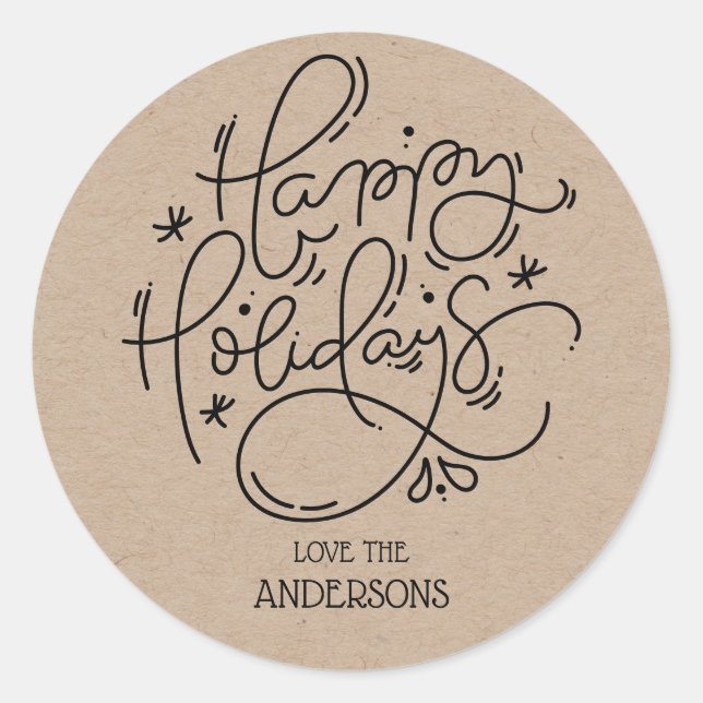 Sticker Rond Kraft Happy Holidays Enveloppe manuscrite de scrip (Devant)