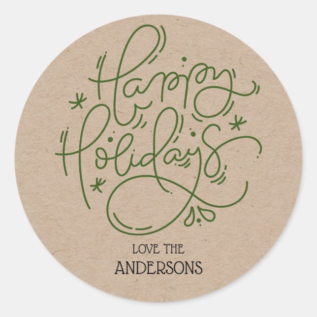 Sticker Rond Kraft Happy Holidays Enveloppe manuscrite de scrip (Devant)