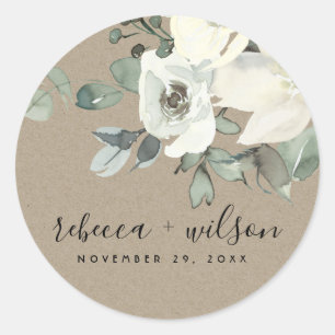 STICKER ROND KRAFT IVORY WHTE FLORAL WATERCOLOR BUNCH MARIAGE