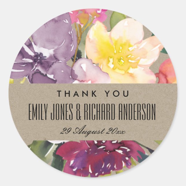 STICKER ROND KRAFT JAUNE BLUSH BURGUNDY MERCI FLORAL (Devant)