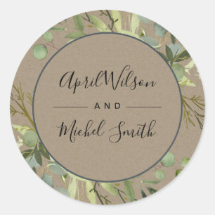 STICKER ROND KRAFT LEAFY GREEN GOLD FOLIAGE MARIAGE DE COULEUR 