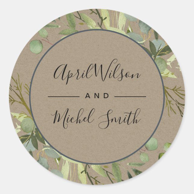 STICKER ROND KRAFT LEAFY GREEN GOLD FOLIAGE MARIAGE DE COULEUR  (Devant)