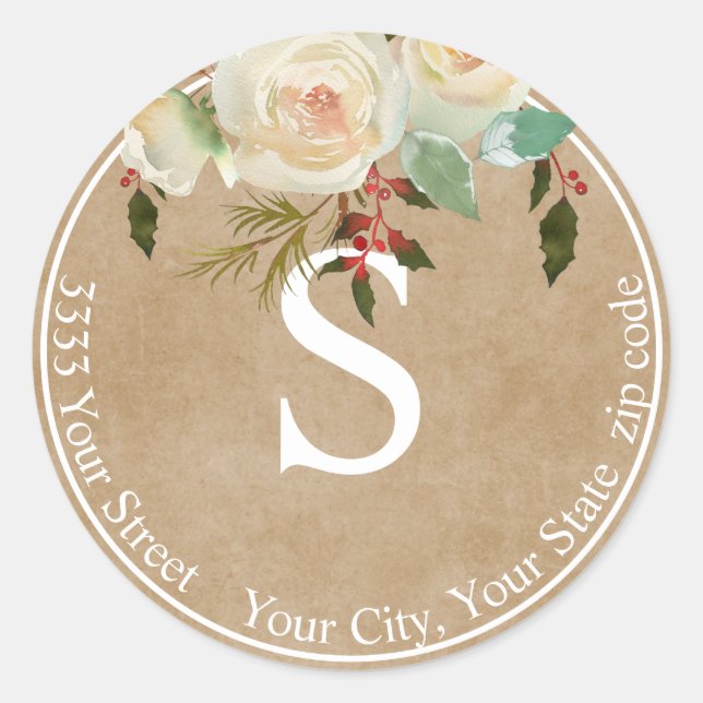 Sticker Rond Kraft Paper Floral Holiday Monogramme Adresse de r (Devant)