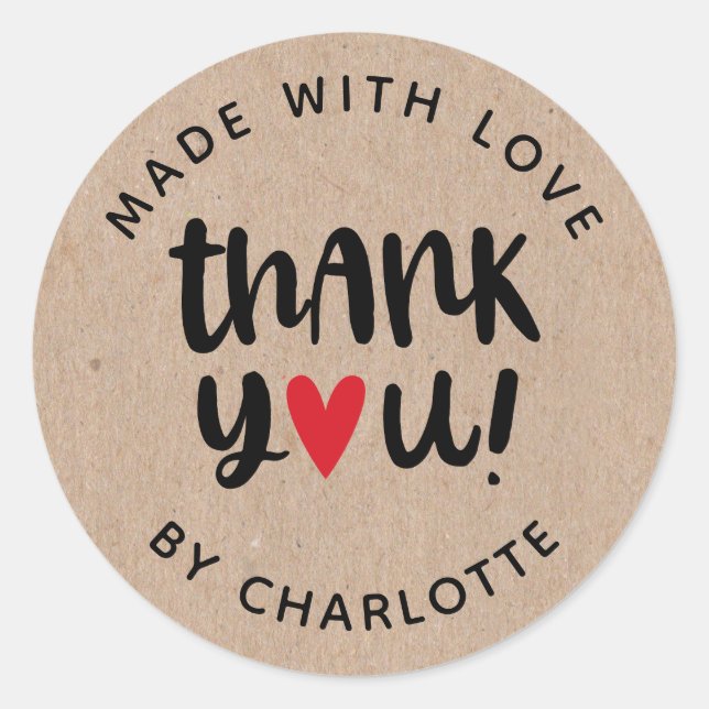 Sticker Rond Kraft Personnalisé Fabriqué Avec Amour Merci (Devant)
