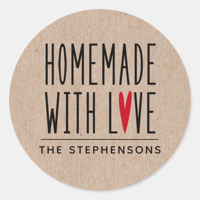 Sticker Rond Kraft Rustique Personnalisé Fait Avec Amour (Devant)