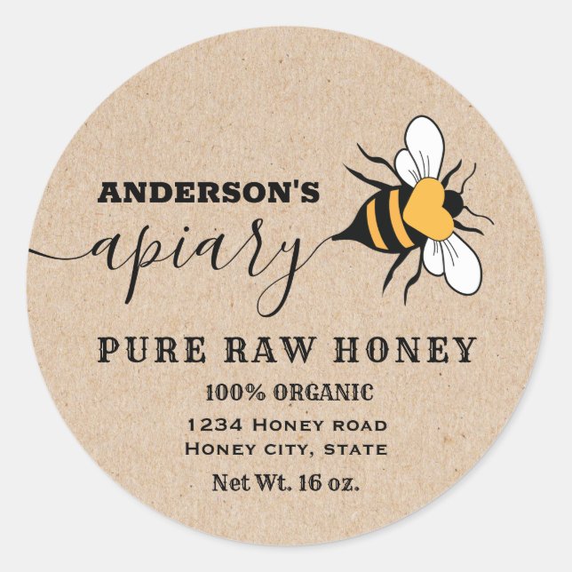 Sticker Rond Kraft script d'abeille cardiaque apiary miel étiqu (Devant)
