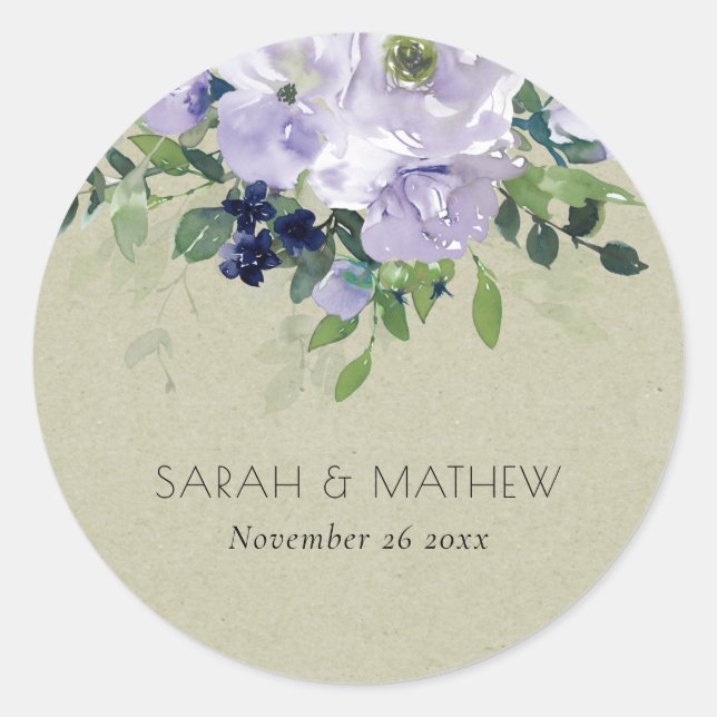 Sticker Rond Kraft Violet Violet Marine Floral Mariage (Devant)