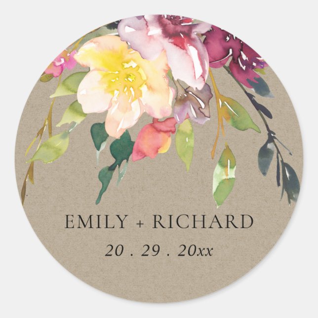 STICKER ROND KRAFT YELLOW BLUSH BURGUNDY FLORAL BUNCH MARIAGE (Devant)